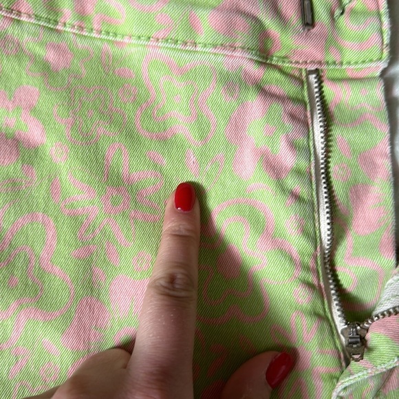 Zara High Rise Kick Flare Lime Green and Pink Floral Print Mod Jeans Size 4 - Picture 5 of 8